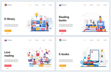 Aufkleber - Reading books online technology vector illustration set. Website interface mobile app banners, concept design with cartoon flat booklovers using internet digital library bookstore to read or study