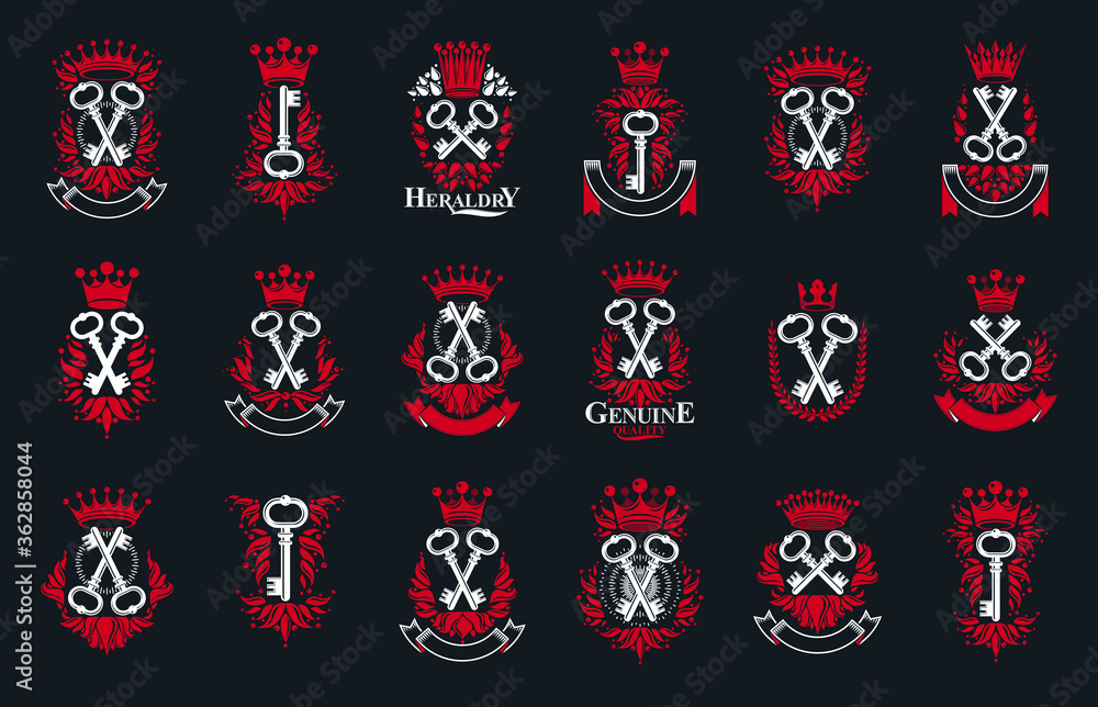 Keys logos big vector set, vintage heraldic turnkeys emblems collection ...