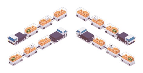 Wall Mural - isometric set of electric baggage tractors with open trailers for transporting luggage to the plane 