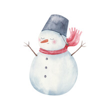 Christmas Snowman 2021 With A Bucket On His Head In Watercolor On A White Background