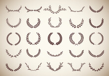 Collection Of Twenty Five Circular Vintage Laurel Wreaths. Can Be Used As Design Elements In Heraldry On An Award Certificate, Manuscript And To Symbolise Victory Illustration In Silhouette
