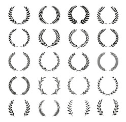 Wall Mural - Collection of different black and white silhouette circular laurel foliate, wheat and olive wreaths depicting an award, achievement, heraldry, nobility. Vector illustration.