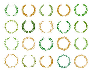 Wall Mural - collection of different silhouette circular laurel foliate, wheat, oak and olive wreaths depicting a