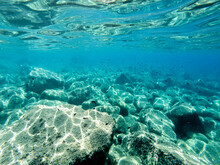 Turquoise Seabed. Marine Life Under Water. Clear Water Of The Ligurian Sea. Large Stones At The Bottom Of The Sea