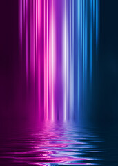 Wall Mural - Abstract dark futuristic background. Neon rays of light are reflected from the water. Background of empty stage show, beach party. 3d illustration