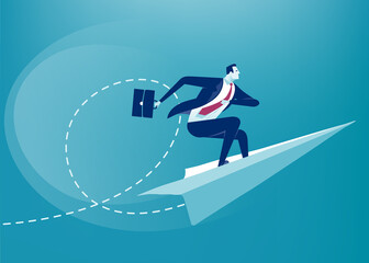 Flying Up. Businessman balances and flies on paper plane. Business vector illustration
