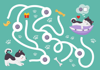 Wall Mural - Educational maze game for preschool kids. Cute cartoon Siberian Husky is finding balls. Count and write number. Kawaii vector pet character.