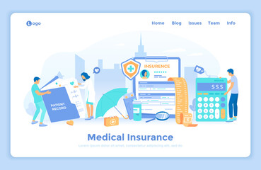 Medical Insurance Contract Document. Insurance policy on clipboard. Filling medical form, health plan. Doctor and male nurse look at the patient’s medical record.landing web page decorated with people
