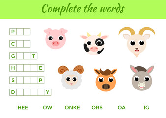  Matching educational game for children with cute animals. Write missing letters and complete words. Educational activity page for study English. Isolated vector illustration.