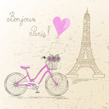 Bicycle With A Basket Full Of Flowers On The Background Eiffel Tower In Paris. Vector Illustration.