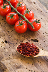 Canvas Print - Cherry tomato branch and wooden spoon filled with dried tomato seasoning