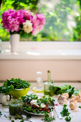 Wall Mural - Pulled pork and vegy hash arugula chmichurri. selective focus