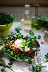 Wall Mural - Pulled pork and vegy hash arugula chmichurri. selective focus