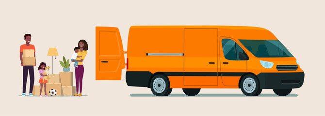 Afro american man, woman  and girl hold boxes. Moving house. Cargo van with open door.  Vector flat style illustration.