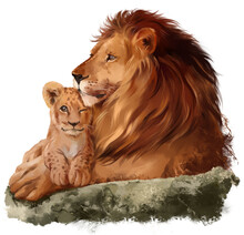 Dad Lion And A Little Lion Cub. Watercolor Drawing