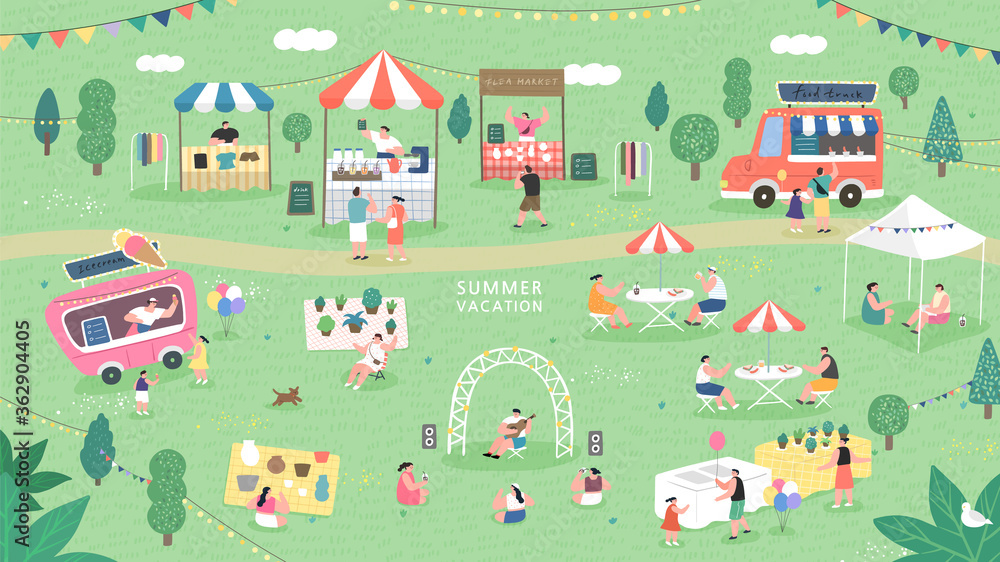 Summer fair festival food, Summer flea market. sale family festival event, marketplace and tent vector illustration
 - obrazy, fototapety, plakaty 