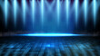© moxumbic - abstract futuristic background of blue empty stage and neon lighting spotlgiht stage background