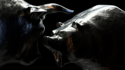 Two metal castings depicting a bull opposing a bear in dark dramatic light representing opposing financial market trends - 3D render