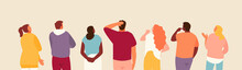 People Group From The Back Look Up. Advertising And News Vector Characters