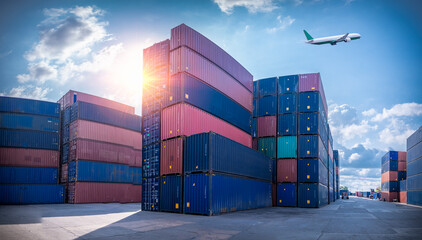 The dock logistics import export and folklife truck transport industry of Container Cargo freight ship and Cargo plane at seaport on blue sky.