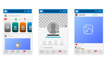 Social media network. Mobile app with photos and story tile template. User profile, news, notifications and post mock up. Vector illustration template.