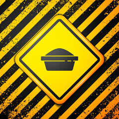 Black Pet food bowl for cat or dog icon isolated on yellow background. Dog or cat paw print. Warning sign. Vector.