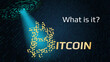© Vladimir Kazakov - Abstract UFO shines a ray of light on the inscription Bitcoin with the question what is it. The Bitcoin logo is made of gold blocks. Digital dark background. Vector EPS 10.