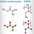 Methyl methacrylate, MMA and poly(methyl methacrylate) , PMMA molecule. Methyl methacrylate is monomer  for the production of PMMA. Structural chemical formula and molecule model