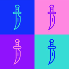 Sticker - Pop art line Dagger icon isolated on color background. Knife icon. Sword with sharp blade. Vector.