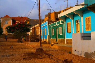 Wall Mural - Street with colorful houses in Vila do Maio, Cape Verde