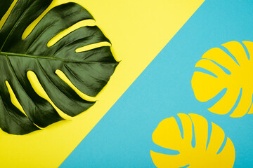 Sticker - top view of yellow paper cut palm leaves and natural green on blue background