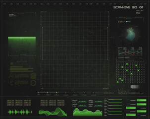 Green HUD, GUI futuristic dashboard, good for scanning template or presentation. Abstract virtual graphic touch user interface. Sci-fi vector design set.  Interface for app. Vector illustration