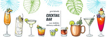 Alcoholic Cocktails Hand Drawn Vector Illustration. Cocktails And Palm Leaves Set. Menu Design Elements. Summer Bar Menu.