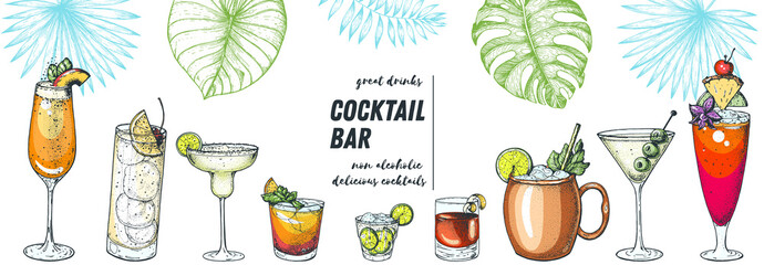 Wall Mural - Alcoholic cocktails hand drawn vector illustration. Cocktails and palm leaves set. Menu design elements. Summer bar menu.