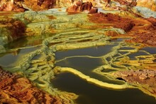 Salt Ponds, Bubbling Chimneys And Salt Terraces Form The Bottom Of The Volcanic Crater Dallol, Ethiopia: The Hottest Place On Earth,Danakil Depression.North Ethiopia,Africa