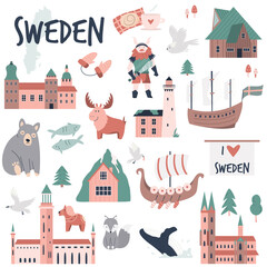 Wall Mural - Tourist poster with famous destinations and landmarks of Sweden. Explore Sweden concept image.