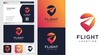 Flight location logo and business card design. pin, map, location, flight, plane, icon Premium Vector