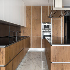 Wall Mural - kitchen with wooden cupboards and wall