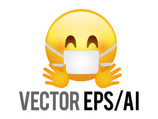 Vector yellow happy smiley face emoji icon, hugging hands and mask