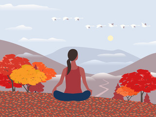 Woman relax in autumn mountains flat color vector