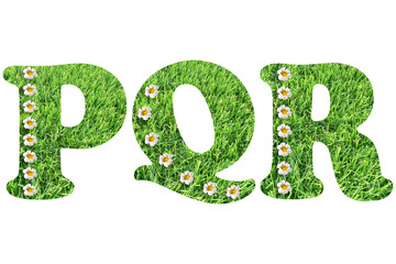 The letters P, Q, R are made of grass. Isolate on a white background. Patterned letters of the alphabet with greenery and flowers