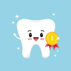 Wall Mural - Cute tooth with golden medal with laurel branches and red ribbon isolated on blue background. White healthy tooth with first place or first time visit dentist emblem. Vector flat design illustration.