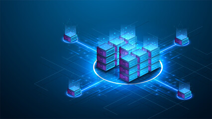 Fototapete - Isometric futuristic Hosting server. Abstract datacenter or blockchain background. 3D Digital background. Server farm communication with internet. Computer storage, farming workstation. Vector