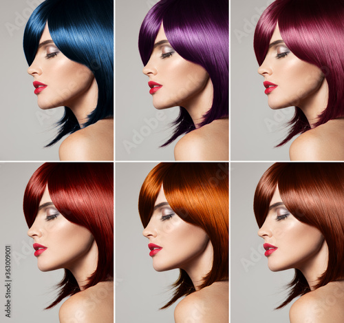 Leinwand Poster Collage of a beautiful young woman , with natural straight hair , mixed color ,