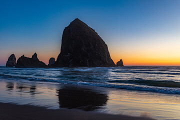 Wall Mural - Birds fly above Haystack Rock and sea stacks with a golden sunset lighting the scene