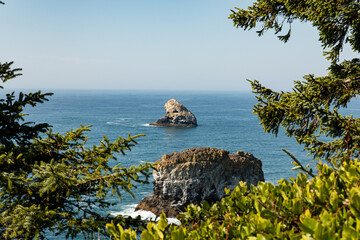 Wall Mural - Green trees frame scenic view of Sea Stacks near Cape Meares in Oregon