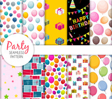 Cute Seamless Party Pattern Collection Set With Balloons And Gift Box. Vector Illustration