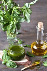 Poster - basil vinaigrette dressing . place for a recipe. copy space.