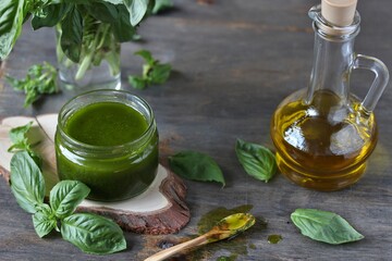 Poster - basil vinaigrette dressing . place for a recipe. copy space.