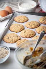 Wall Mural - chocolate chip oatmeal cookie on iron pan